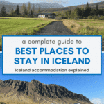 A gravel road leading to a small house and houses near a mountain with a text about where to stay in Iceland.