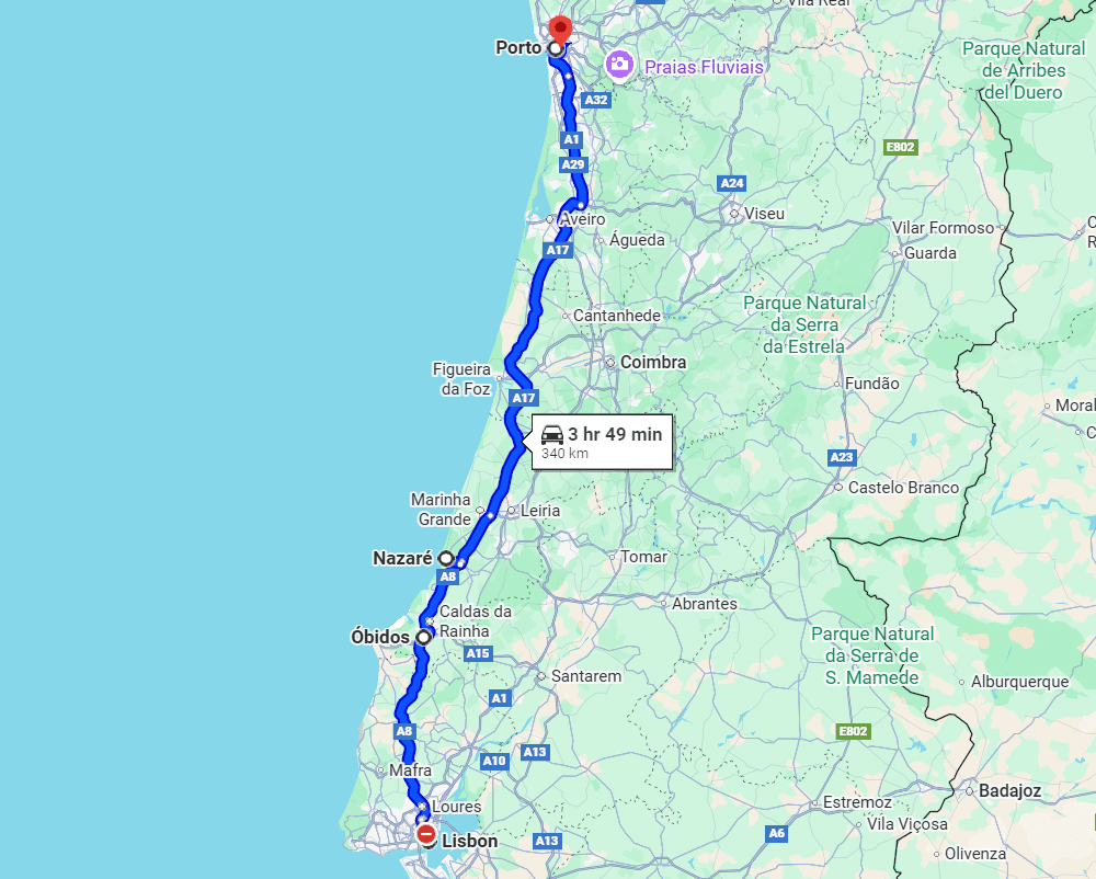 A screenshot of Google Maps driving directions from Lisbon and Porto to Nazare Portugal.
