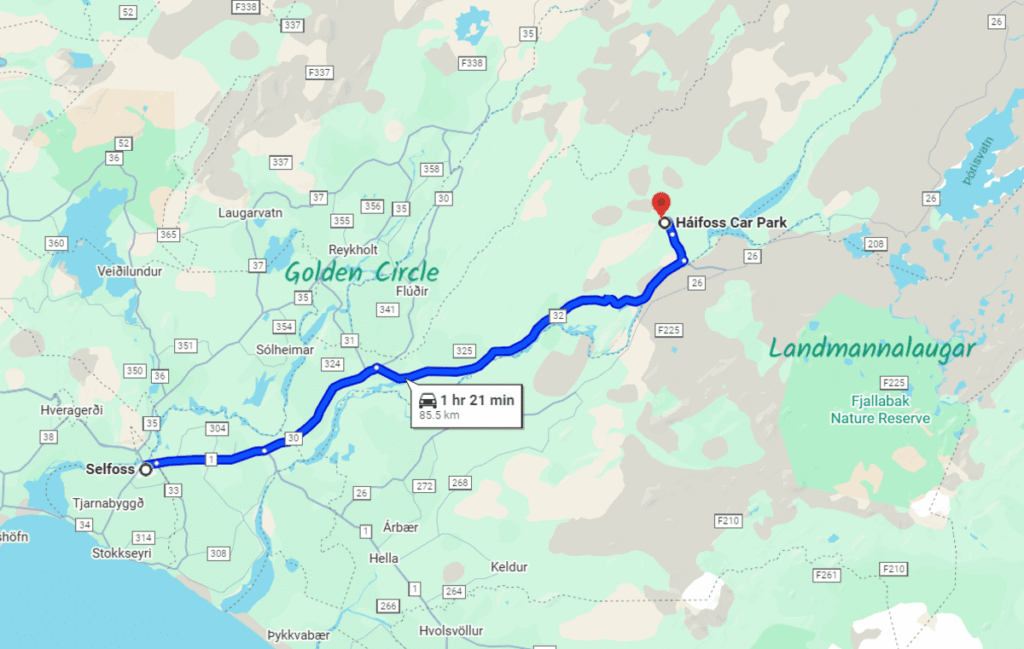 Googla Maps screenhot of Thorsardalur in relation to the Golden Circle and Landmannalaugar