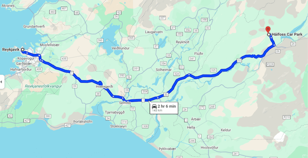 Google Maps screenshot of Thorsardalur Valley and directions to Haifoss waterfall from Reykjavik.