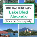 A collage of images of Lake Bled, the island with a church on it, a castle on top of a mountain cliff, and pletna boats on Lake Bled in Slovenia.