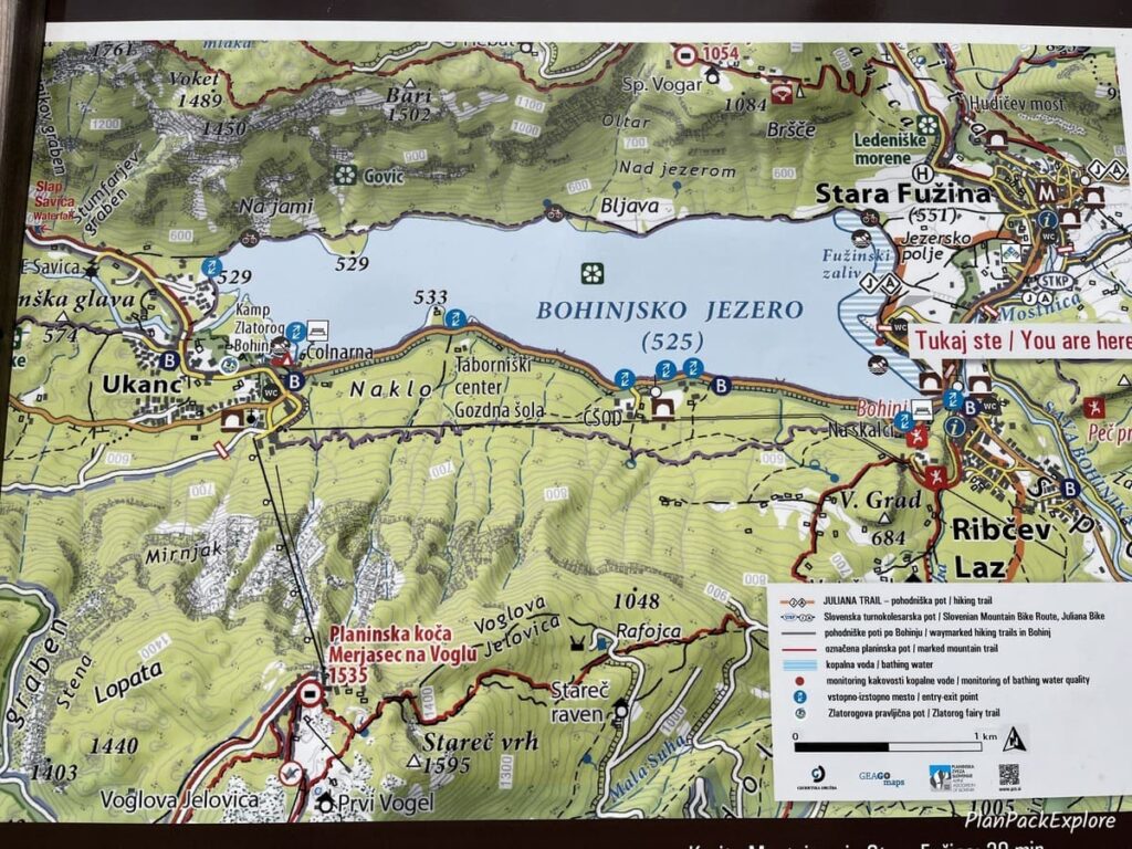 A photo of a map of the Lake Bohinj area in Slovenia.