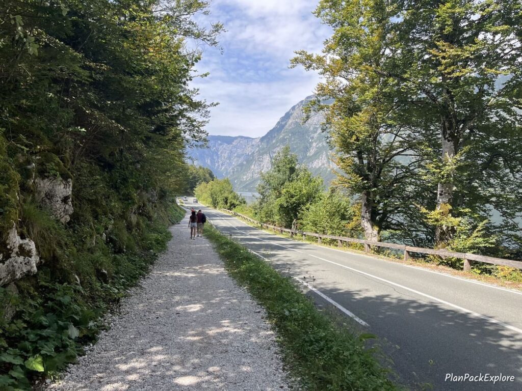 A gravel path next to a road around lake bohinj in Slovenia.