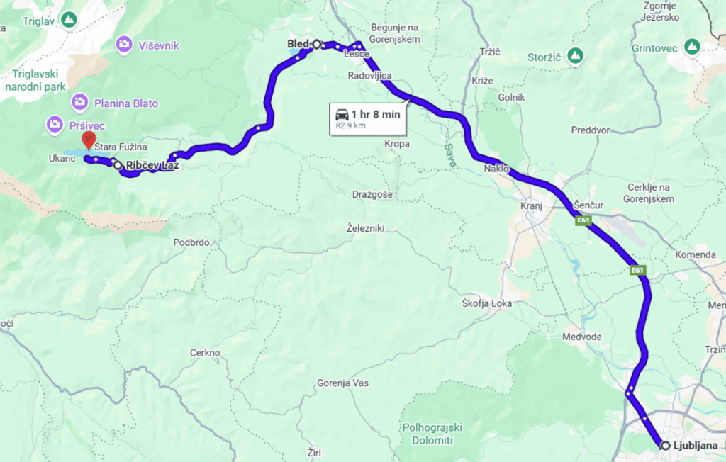 Google Maps screenshot of driving directions from Ljubljana to Lake Bohinj Slovenia.