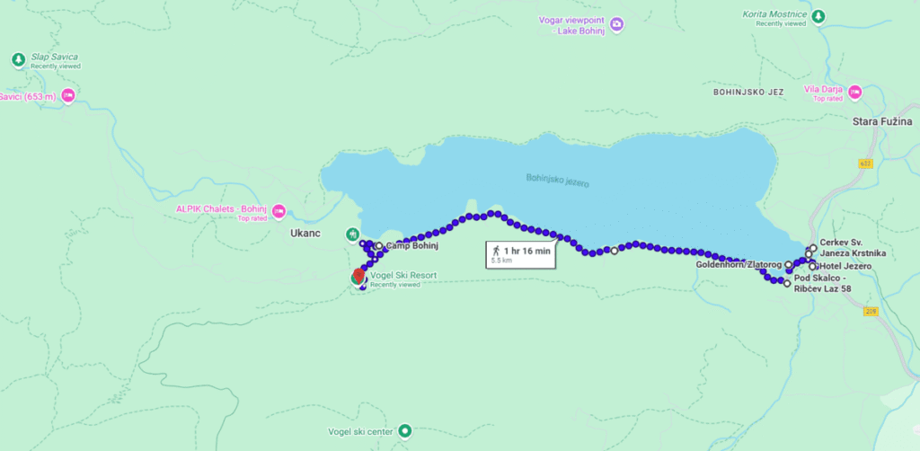 Google Maps walking directions listing attractions around Lake Bled Bohinj