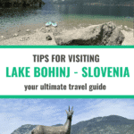 A serene view of Lake Bohinj in Slovenia with mountains in the background, featuring two paddleboards on the shore and a sculpture of a deer nearby.
