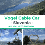 An aerial view of Lake Bohinj, a heart-shaped photo frame and a platform of Bohinj Cable Car station in Slovenia.
