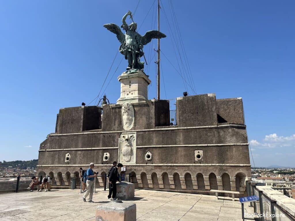 A viewing terrace with a large sculpture of an angel at Castel Sant'Angelo in Rome, Italy.