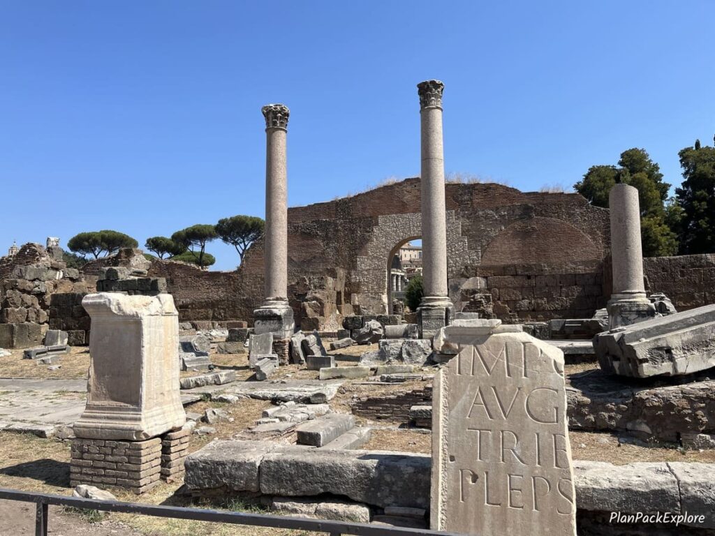 Ancient ruins and columns at the Roman Forum in Rome, Italy.