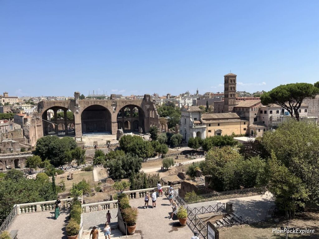 A view of the Roman Forum ruins from the Palatine Hill in Rome, Italy.