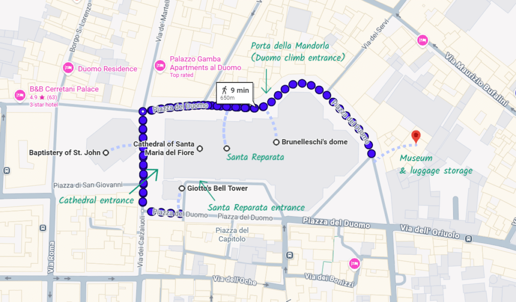 A screenshot of a Google Maps walking directions to various Piazza del Duomo attractions in Florence.