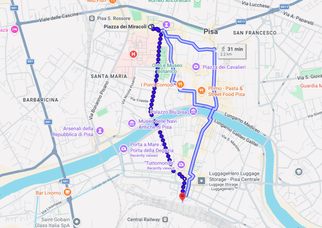 A screenhot of walking directions from isa Train Station to Piazza dei Miracoli in Italy.