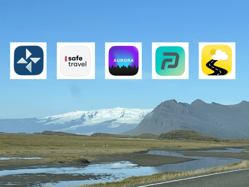 A picture of a glacier and a mountain with an overlay of different logos of apps for Iceland.