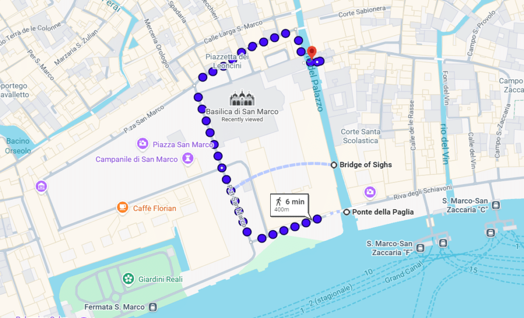 A screenshot of Google Maps directions to the Bridge of Sighs in Venice, Italy.