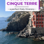A scenic view of colorful buildings and rocky cliffs in Cinque Terre, featuring people swimming in the water and boats moored along the shore, accompanied by a header about a one-day Cinque Terre itinerary.