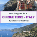 A scenic view of colorful buildings in Cinque Terre, Italy, overlooking a bustling harbor with people enjoying various activities.