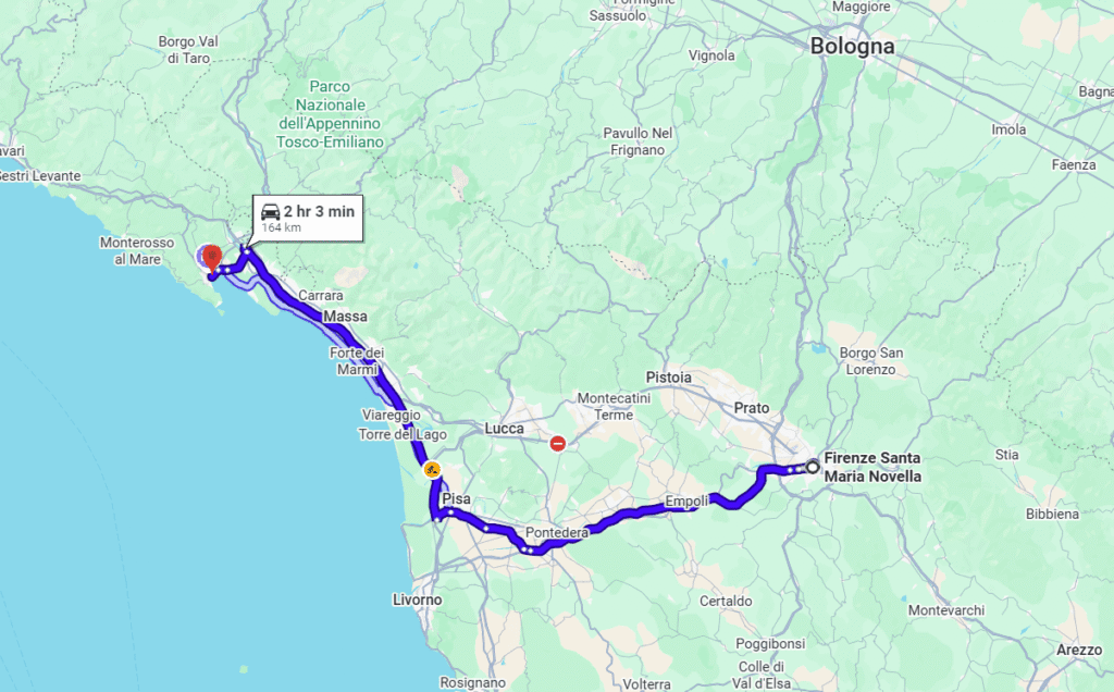 A screenshot of Google Maps driving directions from Florence to Cinque Terre, Italy