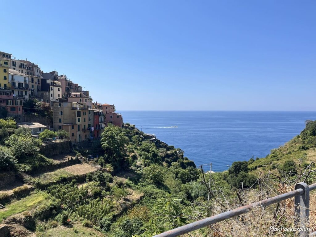 A view of the mountainside houses and the sea from the village of Corniglia in Cinque Terre, Italy.