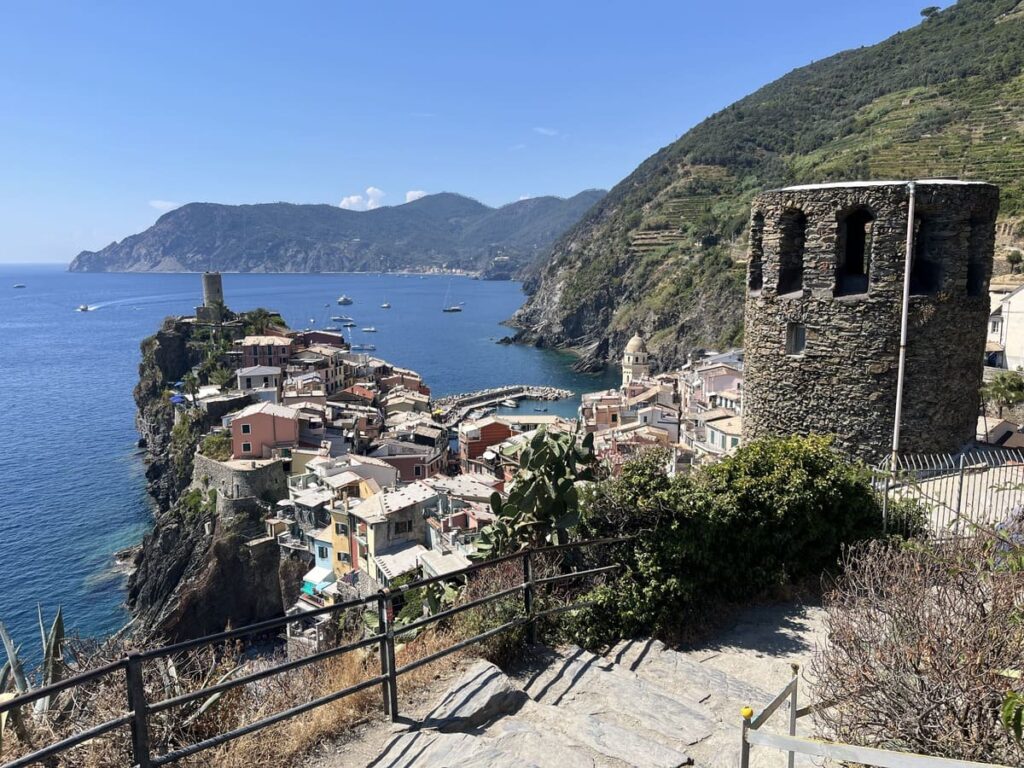 A view of the sea and the rooftops of a village of Vernazza in Cinque Terre, Italy.