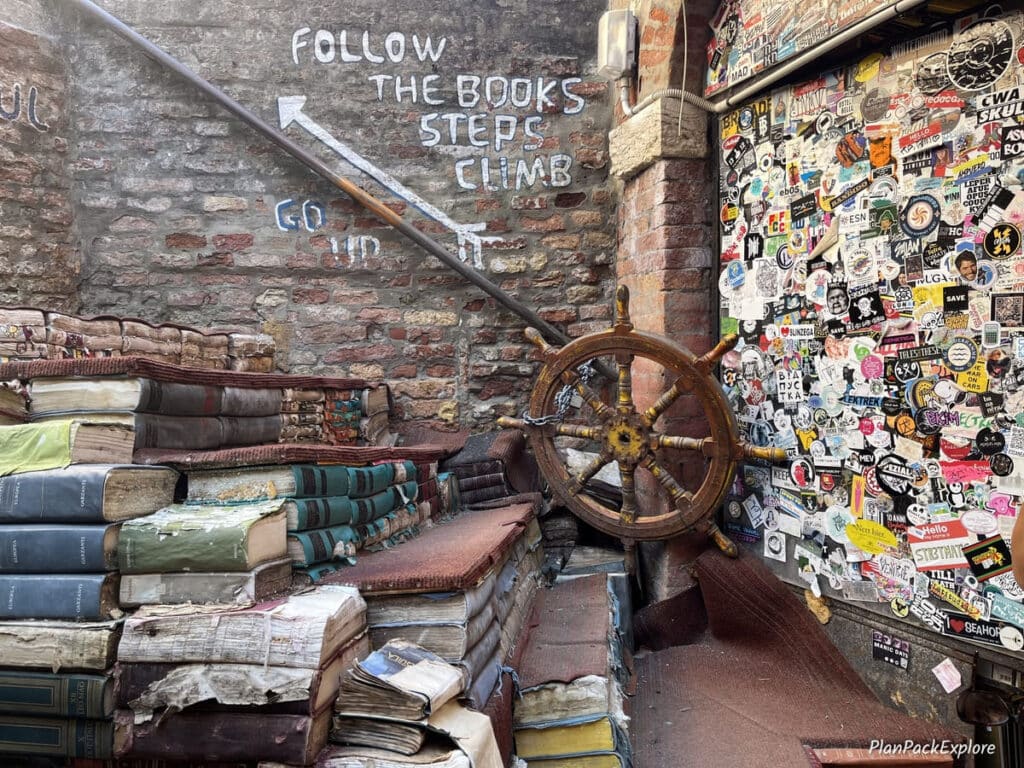 A staircase made of books at Libraria Acqua Alta in Venice.
