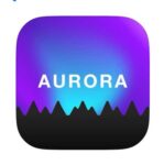 A purple square logo with a black outline of mountain peaks and white letters spelling Aurora - an app for Iceland.