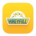 A yellow square logo with green letters spelling Hreyfill - a taxi app in Iceland.