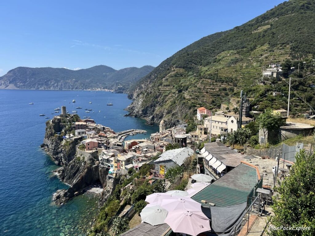 A view of the sea and the rooftops of a village of Vernazza in Cinque Terre, Italy.