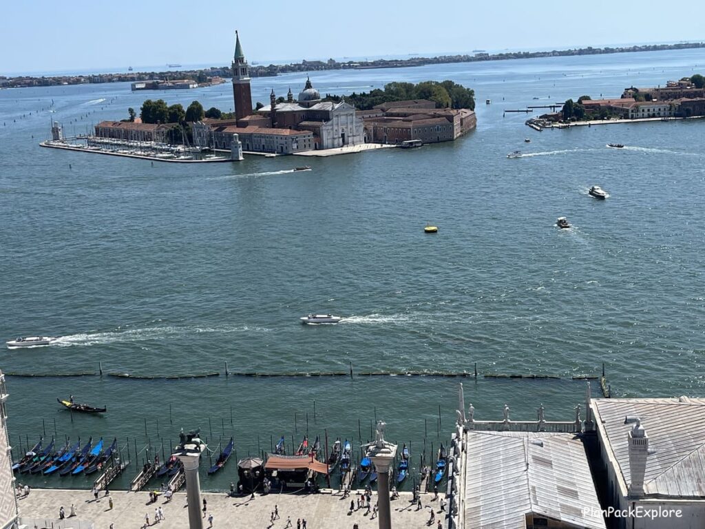 A view of a small island with a prominent tall church, called San Giorgio Maggiore, in Venice, Italy.