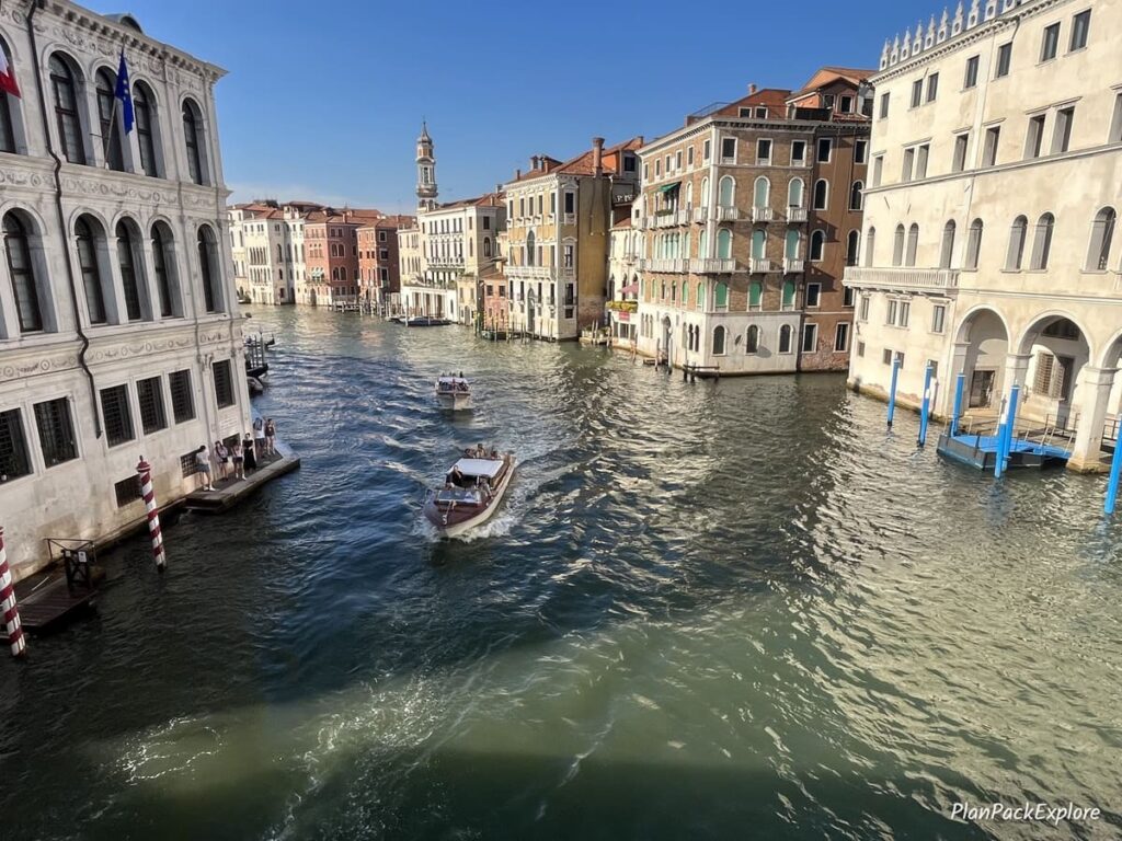 A view of the Grand Canal from the Rialto Bridge in Venice, Italy.
