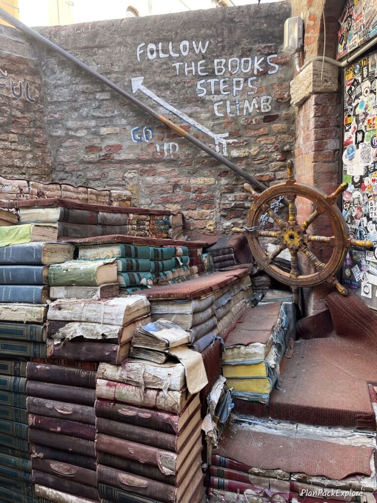 A staircase made of books at Libreria Acqua Alta in Venice.