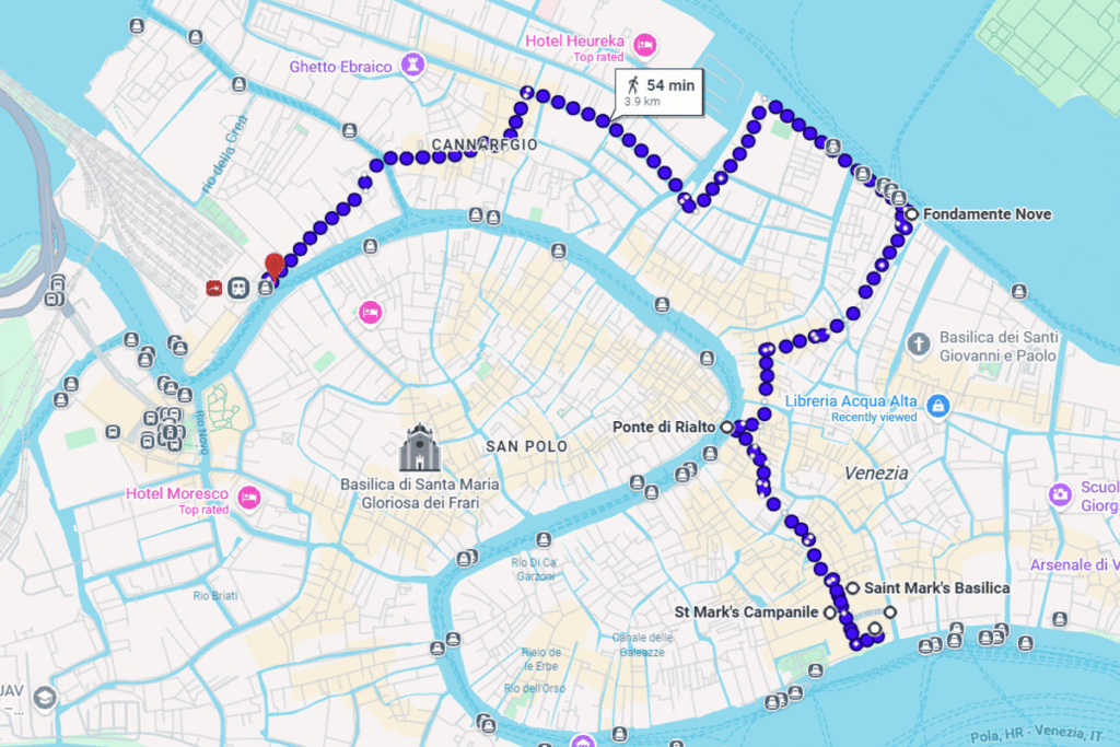 A screenshot of Google Maps walking directions to various attractions in Venice, Italy.