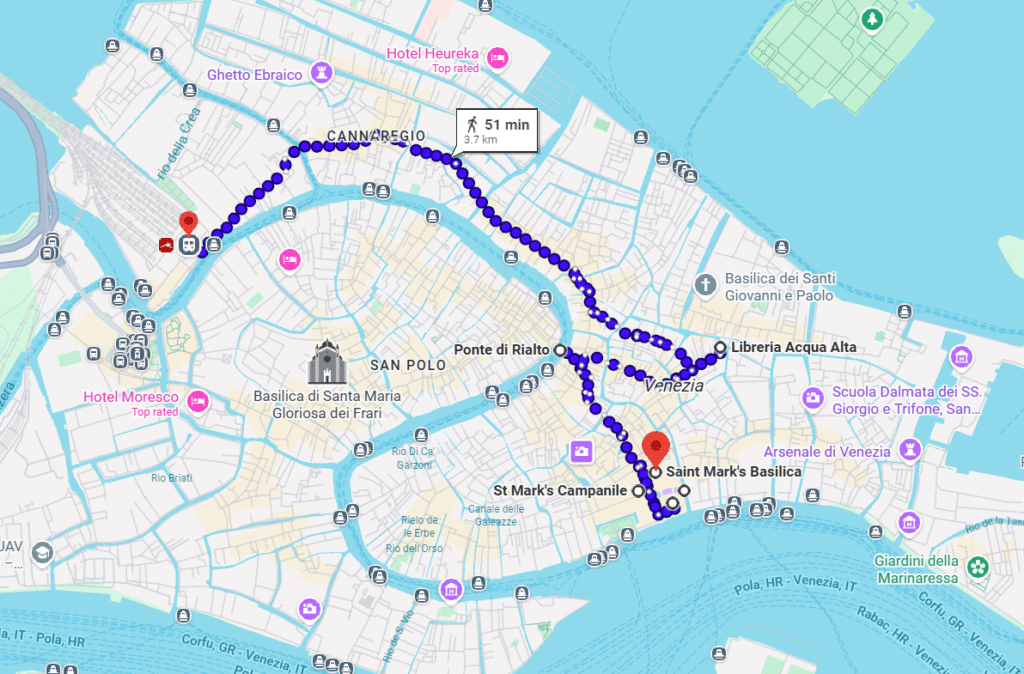 A screenshot of Google Maps walking directions to various attractions in Venice, Italy.