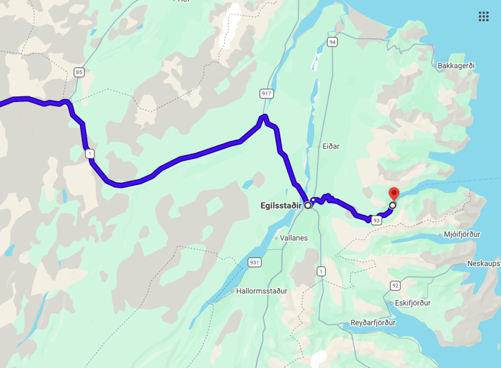 A screenshot of Google Maps driving directions to Seydisfjörður, Iceland.