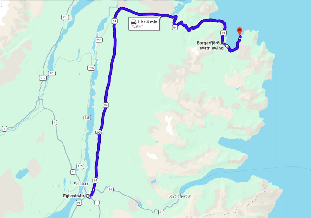 A screenshot of Google Maps driving directions from Egilsstadir to Borgarfjordur Eystri