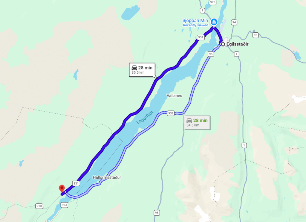A screenshot of Google Maps driving directions from Egilsstaðir to Hengifoss in Iceland.