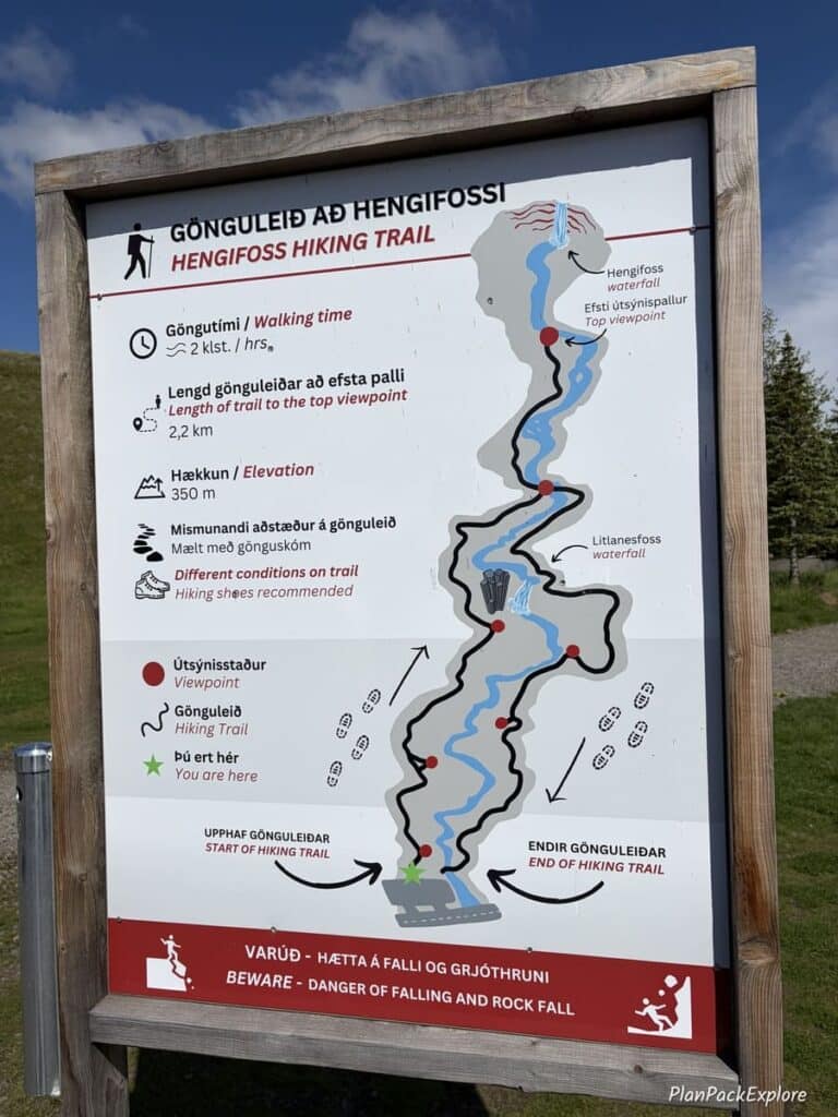 A sign with a trail map for the hike to Hengifoss Waterfall in East Iceland.