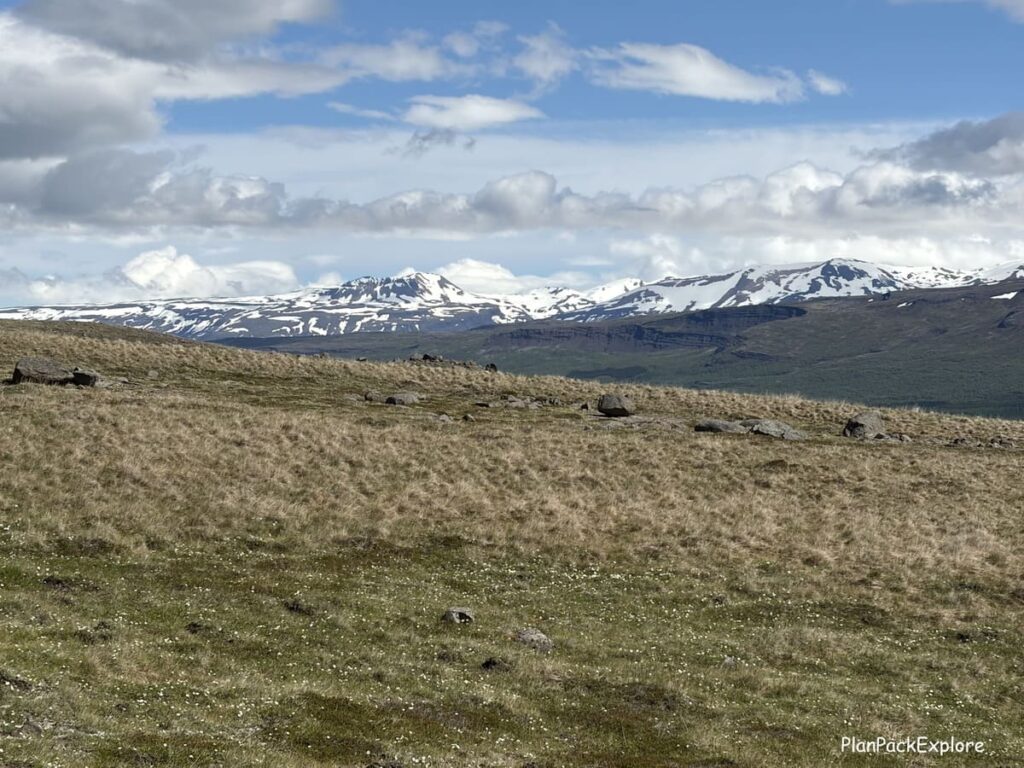 Snow-peaked mountains viewed from the trail to Hengifoss waterfall in East Iceland.