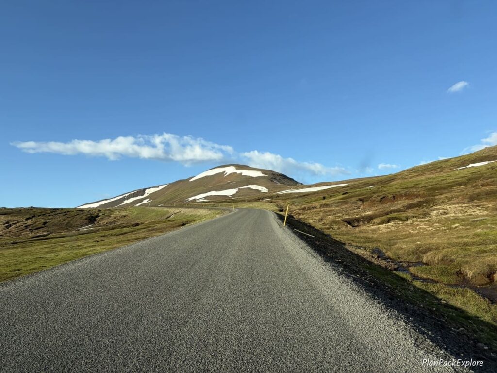 A paved mountain road leading to Borgarfjordur Eystri in Iceland.
