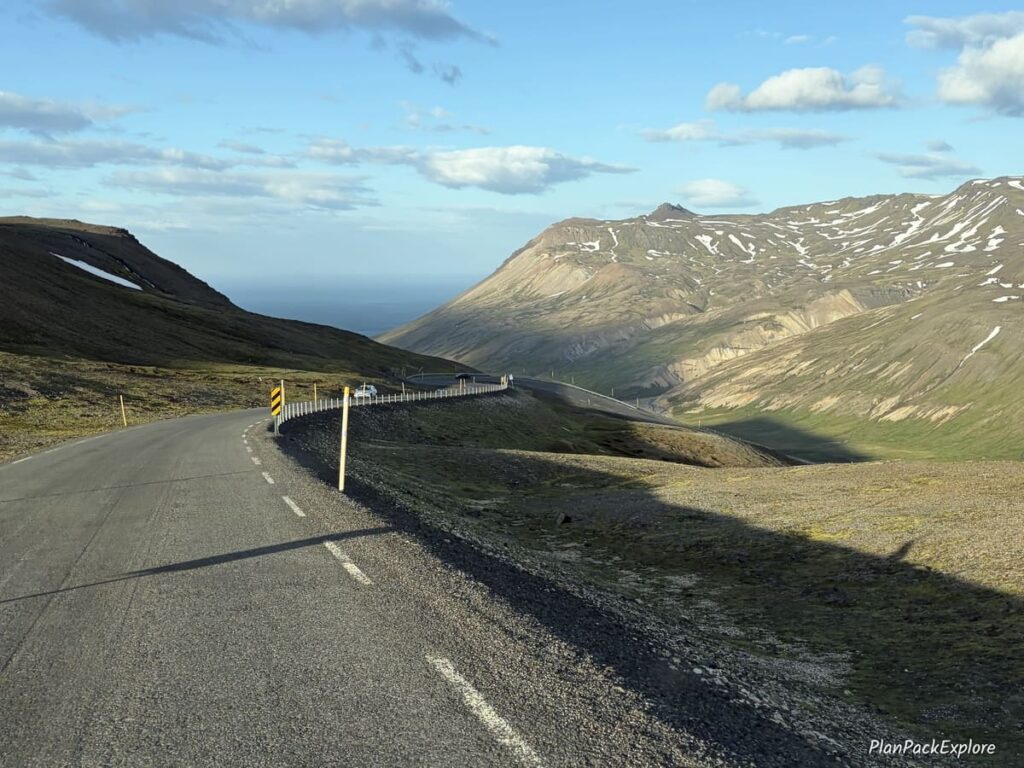 A winding mountain road leading to Borgarfjordur Eystri in Iceland.