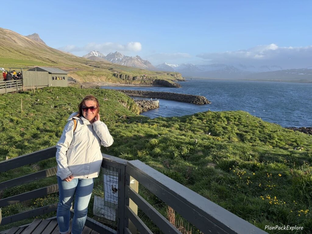 A person standing on a wooden viewing platform with a small wooden hut behind her at Borgarfjordur Eystri in Iceland.