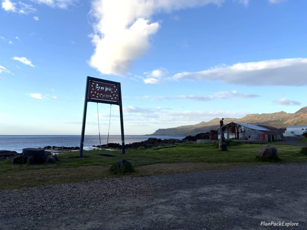 A simple swing with a cut-out sign saying Borgarfjordur Eystri in Iceland.
