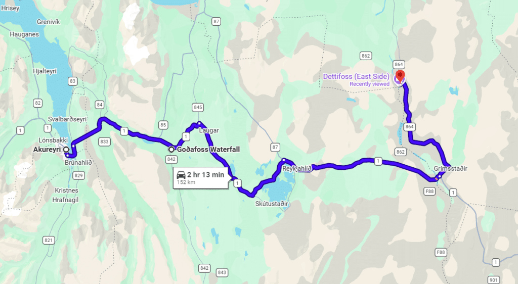 A Google Maps screenshot of driving directions from Akureyri to Dettifoss East through Godafoss in Iceland.