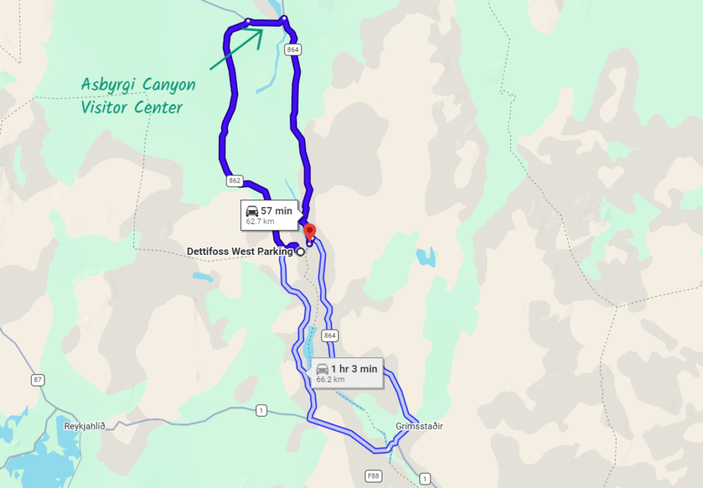 A screenshot of Google Maps directions from Dettifoss West to East side in Iceland.
