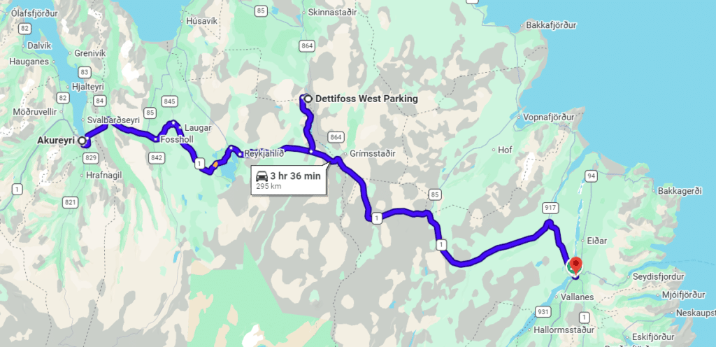 A screenshot of driving directions map from Akureyri and Egilsstadir to Dettifoss waterfall (west side) in Iceland.