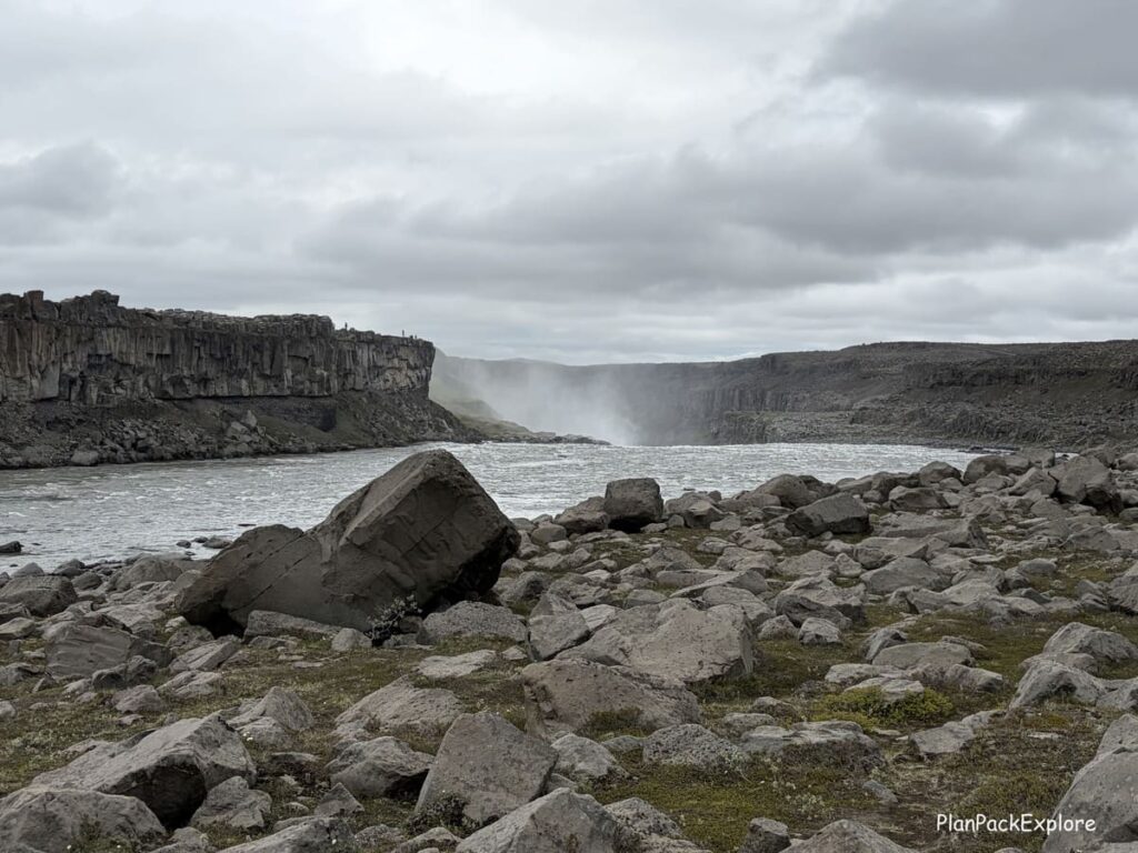 A rocky area near a canyon and a river on the east side of Dettifoss in Iceland.