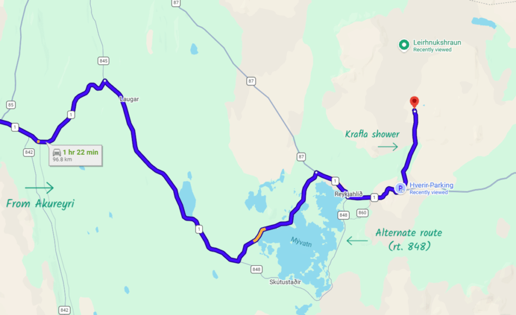 A screenshot of Google Maps directions to Leirhnjukur, Iceland.