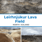A collage showcasing the Leirhnjúkur Lava Field in North Iceland, featuring rugged lava landscapes, steam vents, and geothermal features.
