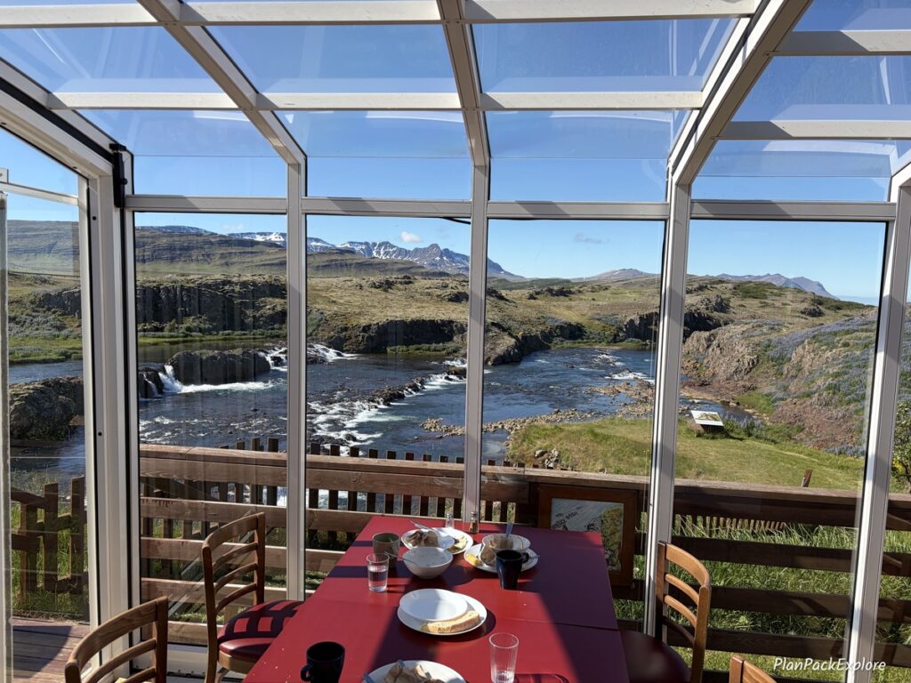 A view of a river from a restaurant on the Golden Circle in Iceland.