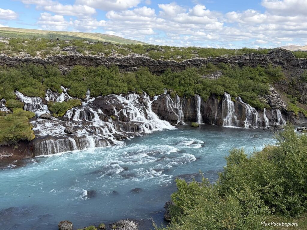 A series of waterfalls called Hraunfossar, on the Silver Circle in Iceland.