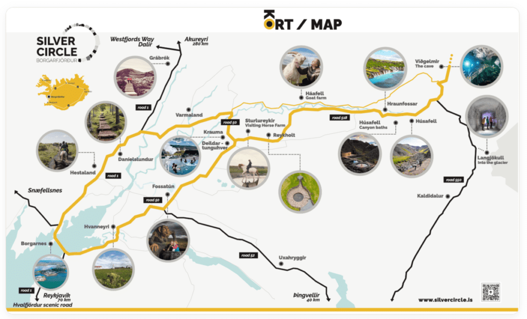 A graphic map of the Silver Circle attractions in Iceland.